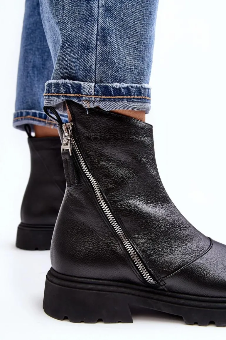 Damskie Skórzane Botki Na Płaskim Obcasie Laura Messi 2620/975 Czarne