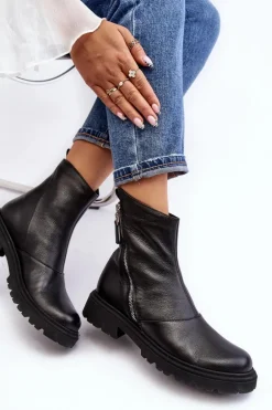 Damskie Skórzane Botki Na Płaskim Obcasie Laura Messi 2620/975 Czarne