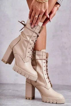 Damskie Skórzane Botki Na Platformie Beżowe Edna