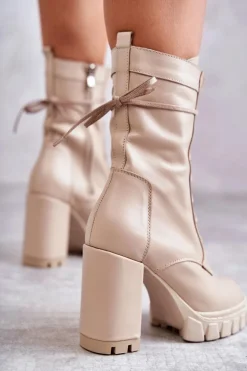 Damskie Skórzane Botki Na Platformie Beżowe Edna