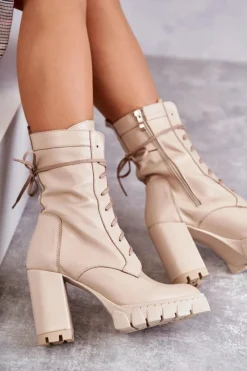 Damskie Skórzane Botki Na Platformie Beżowe Edna