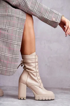Damskie Skórzane Botki Na Platformie Beżowe Edna