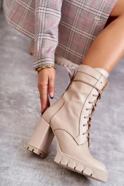 Damskie Skórzane Botki Na Platformie Beżowe Edna