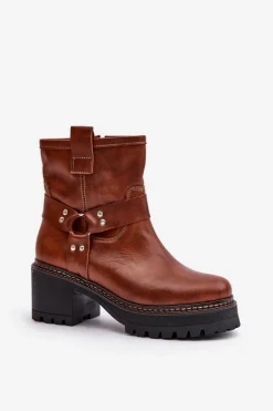 Damskie Skórzane Botki Na Zamek Lewski 3435 Brązowe