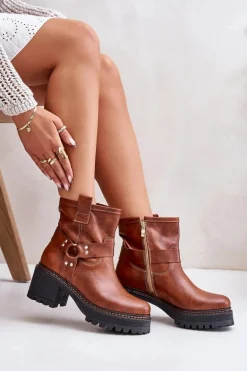 Damskie Skórzane Botki Na Zamek Lewski 3435 Brązowe