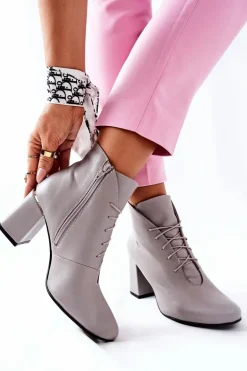Damskie Skórzane Botki Na Słupku Szare Carrice