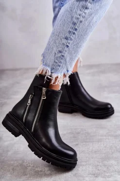 Damskie Skórzane Botki Na Suwak Czarne Navarra