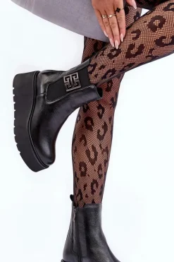 Damskie Skórzane Botki Na Masywnej Platformie Czarne Lemar Savira