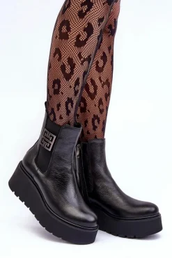 Damskie Skórzane Botki Na Masywnej Platformie Czarne Lemar Savira