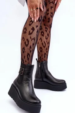 Damskie Skórzane Botki Na Masywnej Platformie Czarne Lemar Savira