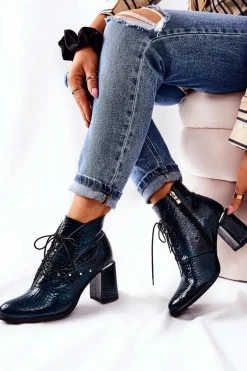 Damskie Skórzane Botki Na Słupku Zielone Neliko