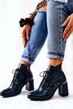 Damskie Skórzane Botki Na Słupku Zielone Neliko