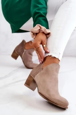 Damskie Skórzane Botki Na Słupku Beżowe Larsa