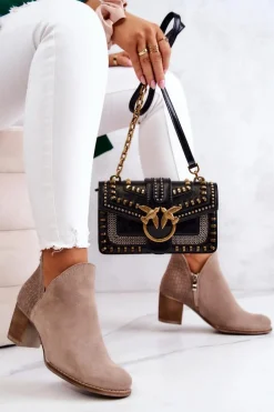 Damskie Skórzane Botki Na Słupku Beżowe Larsa