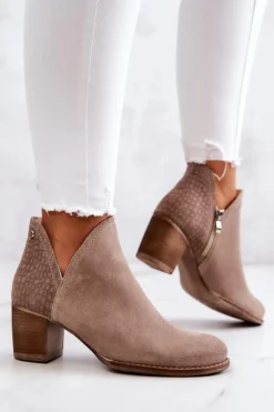 Damskie Skórzane Botki Na Słupku Beżowe Larsa