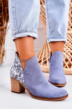 Damskie Skórzane Botki Na Słupku Maciejka Jasny Niebieski 04492