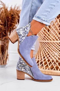 Damskie Skórzane Botki Na Słupku Maciejka Jasny Niebieski 04492