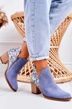 Damskie Skórzane Botki Na Słupku Maciejka Jasny Niebieski 04492