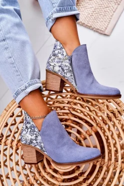 Damskie Skórzane Botki Na Słupku Maciejka Jasny Niebieski 04492