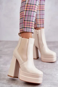 Damskie Skórzane Botki Na Masywnym Obcasie Beżowe Jones