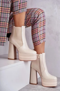 Damskie Skórzane Botki Na Masywnym Obcasie Beżowe Jones