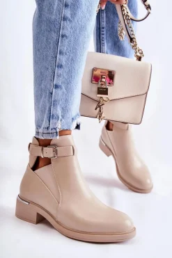 Damskie Skórzane Botki Na Płaskim Obcasie Beżowe Marla