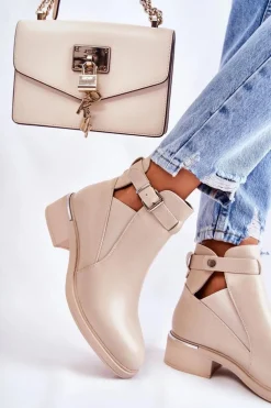 Damskie Skórzane Botki Na Płaskim Obcasie Beżowe Marla