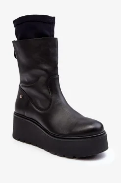 Damskie Skórzane Botki Na Masywnej Platformie Maciejka A7161-01 Czarne
