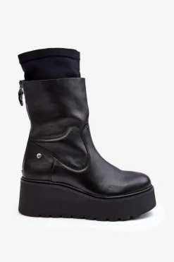 Damskie Skórzane Botki Na Masywnej Platformie Maciejka A7161-01 Czarne