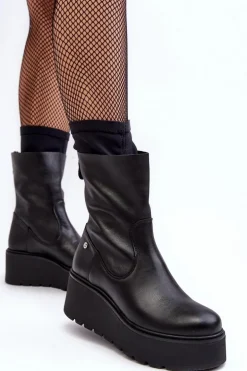 Damskie Skórzane Botki Na Masywnej Platformie Maciejka A7161-01 Czarne