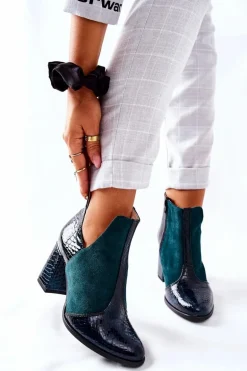 Damskie Skórzane Botki Na Słupku Zielone I Wish