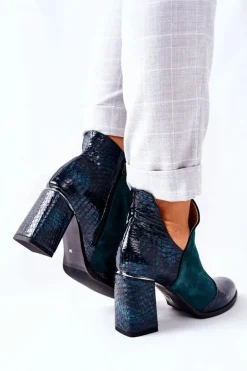 Damskie Skórzane Botki Na Słupku Zielone I Wish