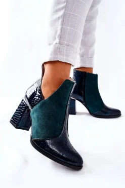 Damskie Skórzane Botki Na Słupku Zielone I Wish