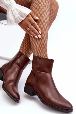 Damskie Skórzane Botki Na Suwak Brązowe Semotti