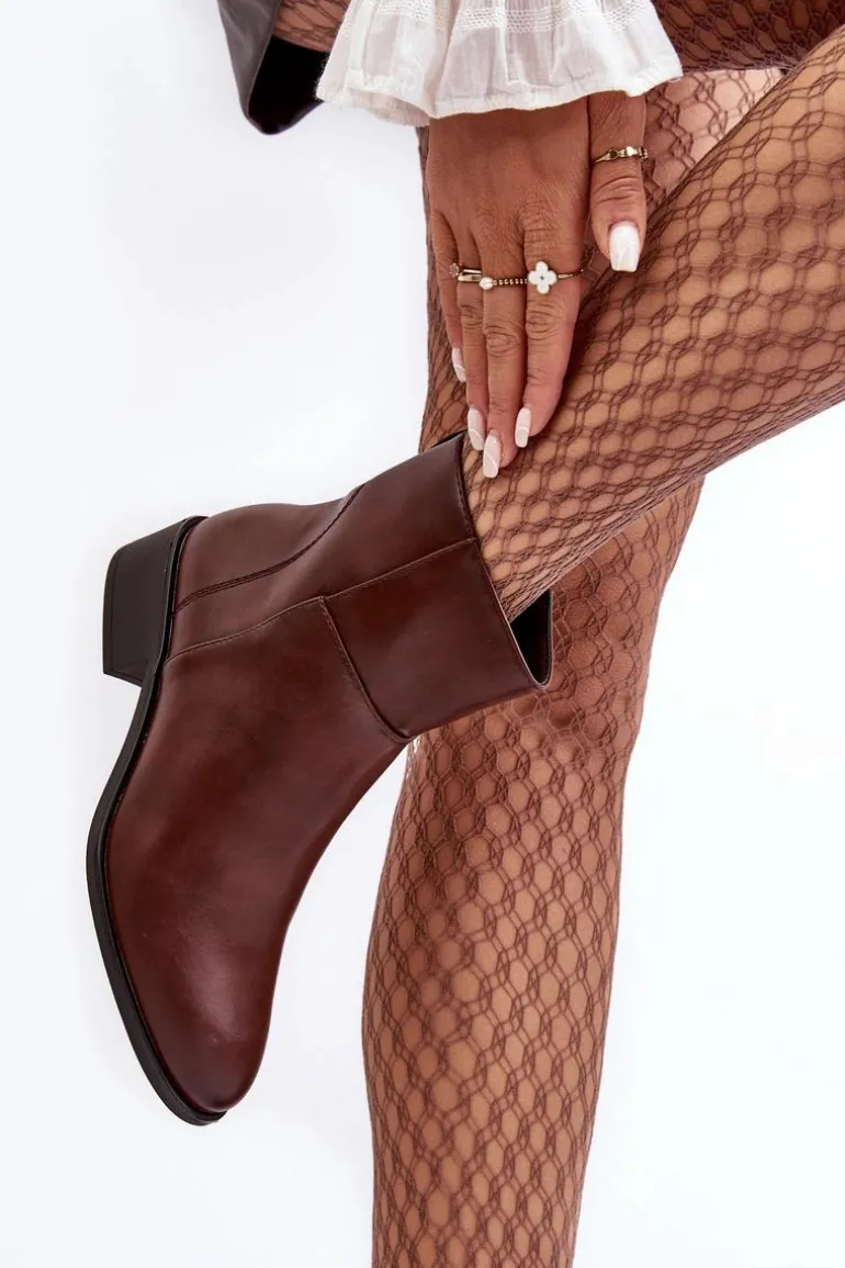 Damskie Skórzane Botki Na Suwak Brązowe Semotti