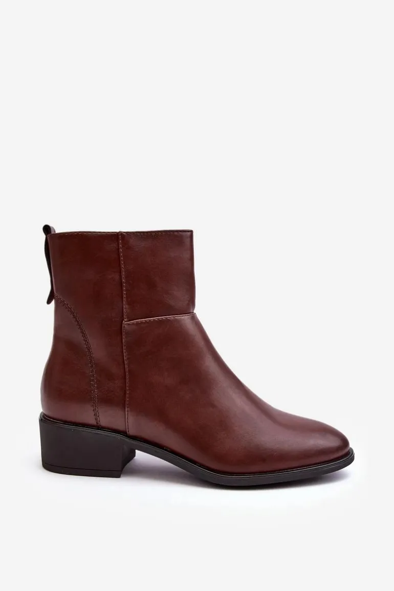 Damskie Skórzane Botki Na Suwak Brązowe Semotti