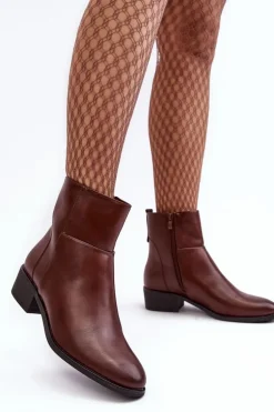 Damskie Skórzane Botki Na Suwak Brązowe Semotti