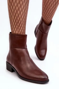 Damskie Skórzane Botki Na Suwak Brązowe Semotti