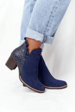Damskie Skórzane Botki Na Słupku Maciejka Granatowe 04833-17