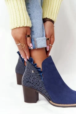 Damskie Skórzane Botki Na Słupku Maciejka Granatowe 04833-17