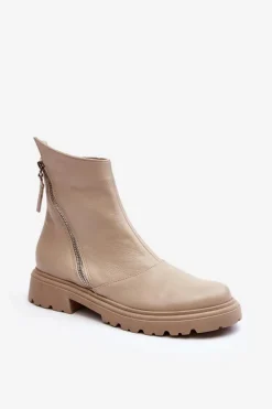 Damskie Skórzane Botki Na Płaskim Obcasie Laura Messi 2620/199 Jasnobeżowe