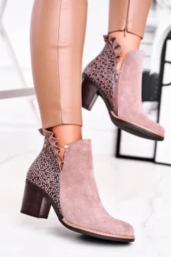 Damskie Skórzane Botki Na Słupku Maciejka Beżowe 04833-04