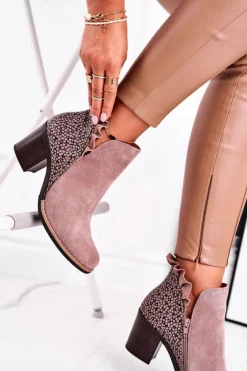 Damskie Skórzane Botki Na Słupku Maciejka Beżowe 04833-04