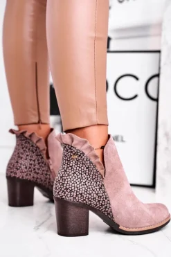 Damskie Skórzane Botki Na Słupku Maciejka Beżowe 04833-04