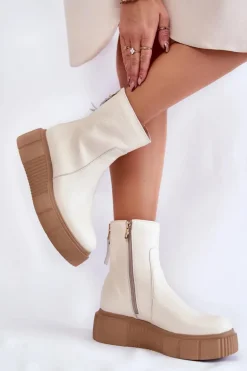 Damskie Skórzane Botki Na Platformie Jasnobeżowe Jenefer