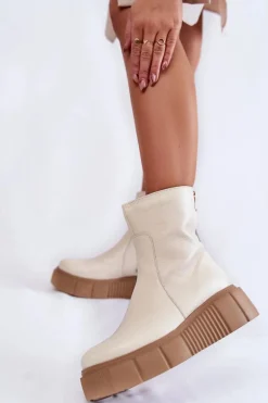 Damskie Skórzane Botki Na Platformie Jasnobeżowe Jenefer