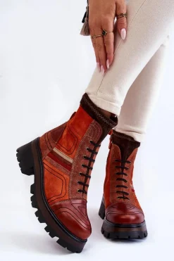 Damskie Skórzane Botki Na Płaskim Obcasie Maciejka 05624-08 Pomarańczowo-Brązowe