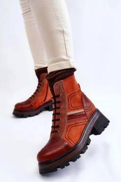 Damskie Skórzane Botki Na Płaskim Obcasie Maciejka 05624-08 Pomarańczowo-Brązowe