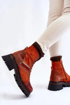 Damskie Skórzane Botki Na Płaskim Obcasie Maciejka 05624-08 Pomarańczowo-Brązowe