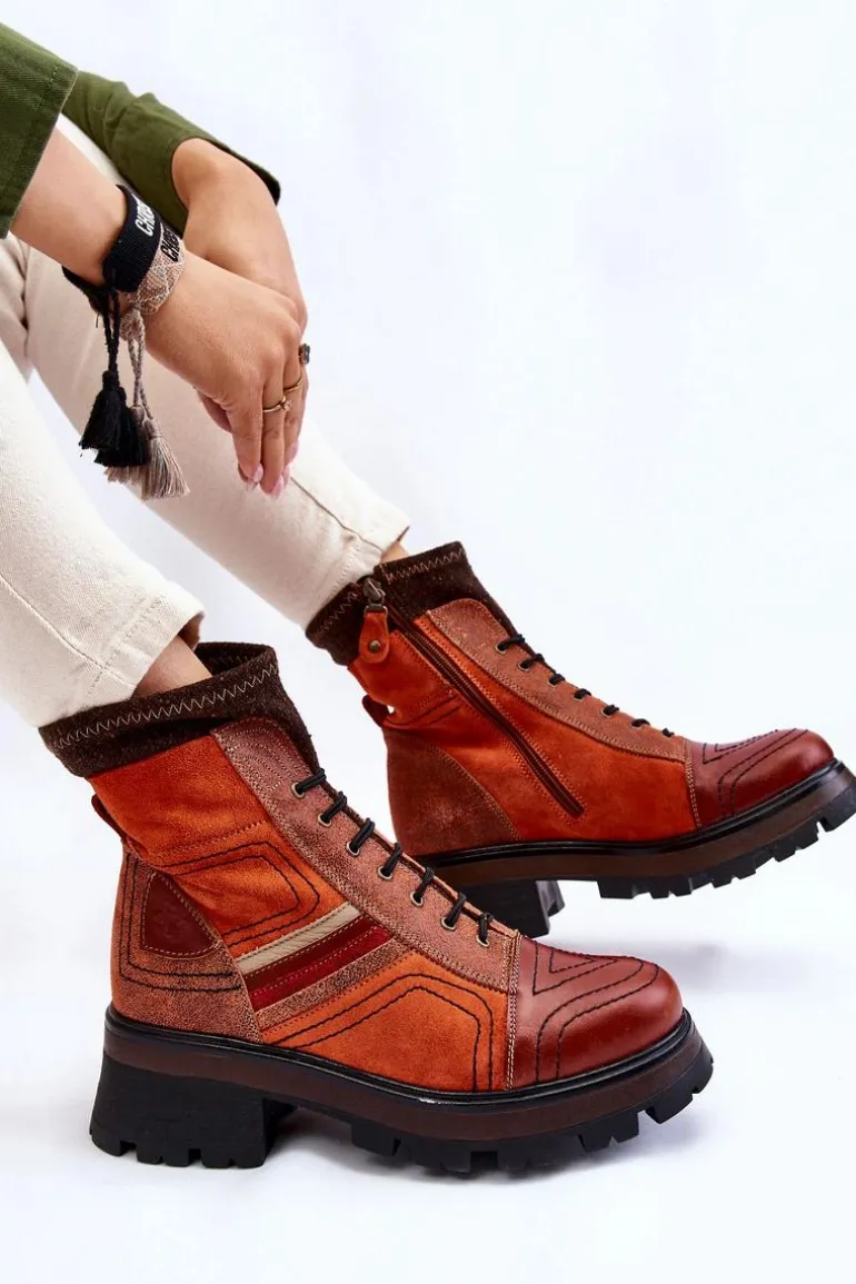 Damskie Skórzane Botki Na Płaskim Obcasie Maciejka 05624-08 Pomarańczowo-Brązowe